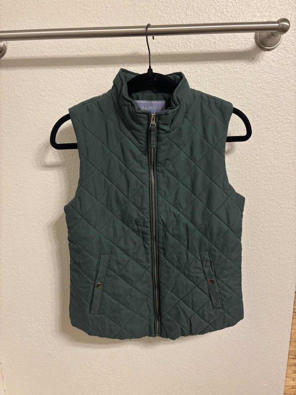 Laura Scott Quilted Vest in Deep Green with Zip Front